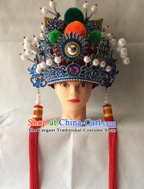 Chinese Beijing Opera Prince Helmet Red Hat Traditional Peking Opera Takefu Headwear for Men