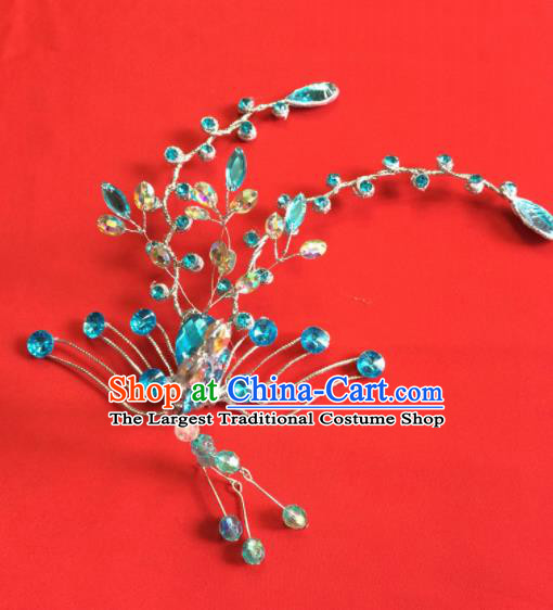 Chinese Ancient Princess Blue Crystal Phoenix Hairpin Traditional Peking Opera Actress Hair Accessories for Women