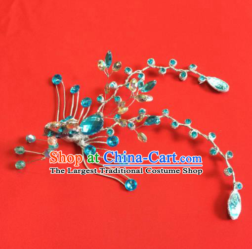 Chinese Ancient Princess Blue Crystal Phoenix Hairpin Traditional Peking Opera Actress Hair Accessories for Women