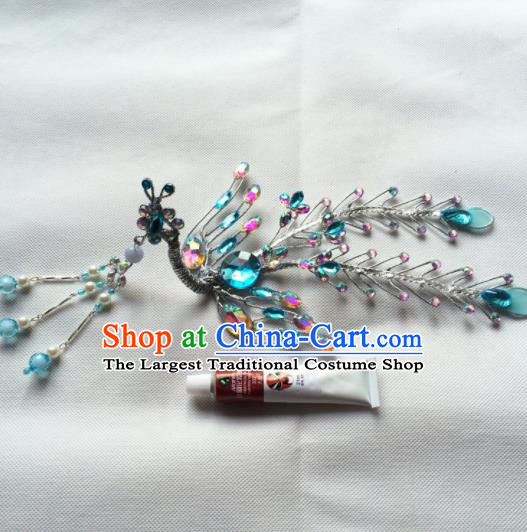 Chinese Ancient Princess Blue Crystal Phoenix Tassel Hairpin Traditional Peking Opera Actress Hair Accessories for Women