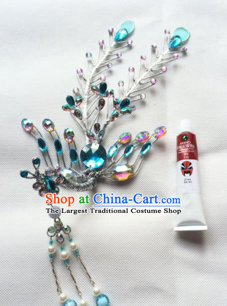 Chinese Ancient Princess Blue Crystal Phoenix Tassel Hairpin Traditional Peking Opera Actress Hair Accessories for Women