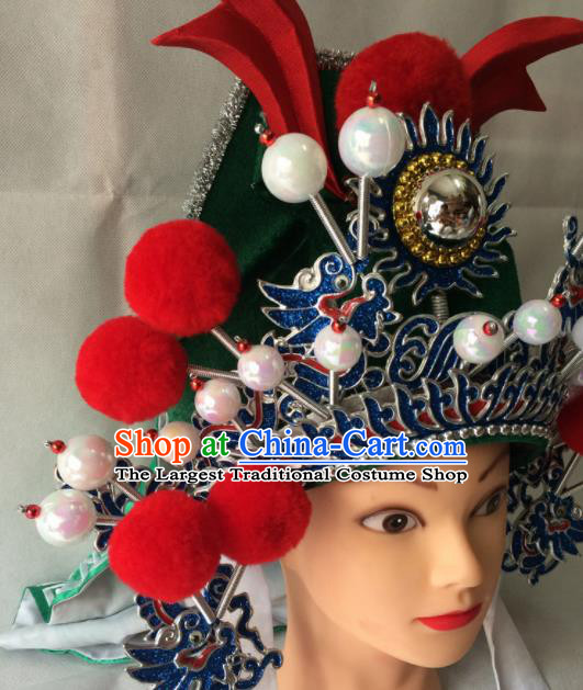 Chinese Beijing Opera General Green Hat Traditional Peking Opera Takefu Headwear for Men