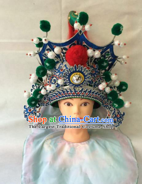 Chinese Beijing Opera General Green Helmet Traditional Peking Opera Takefu Hat Headwear for Men