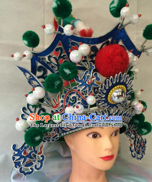 Chinese Beijing Opera General Green Helmet Traditional Peking Opera Takefu Hat Headwear for Men