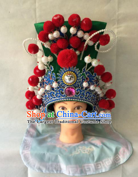 Chinese Beijing Opera General Green Helmet Hat Traditional Peking Opera Takefu Headwear for Men