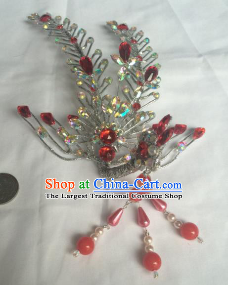 Chinese Beijing Opera Diva Red Tassel Phoenix Hair Clip Hairpins Traditional Peking Opera Hair Accessories for Women