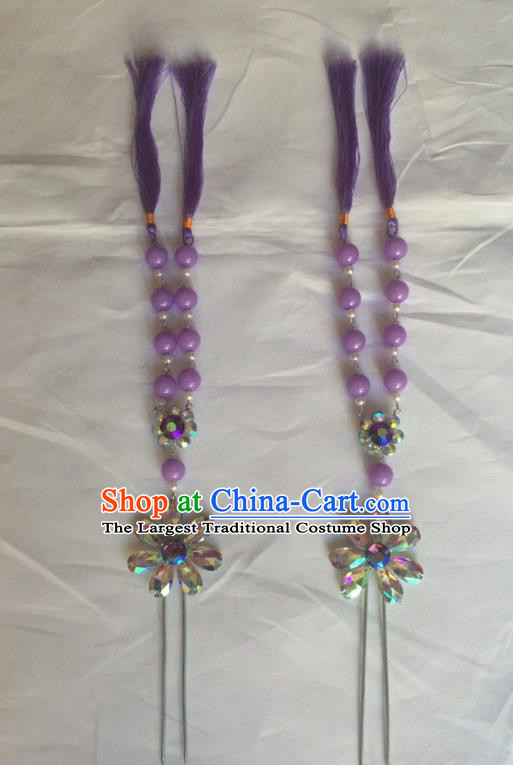 Chinese Beijing Opera Diva Purple Beads Tassel Hairpins Traditional Peking Opera Hair Accessories for Women