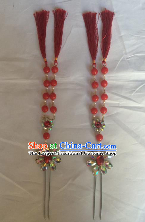 Chinese Beijing Opera Diva Red Beads Tassel Hairpins Traditional Peking Opera Hair Accessories for Women