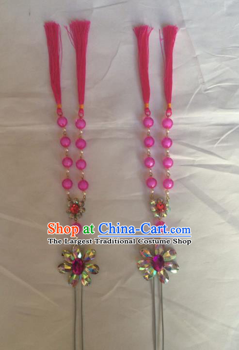 Chinese Beijing Opera Diva Rosy Beads Tassel Hairpins Traditional Peking Opera Hair Accessories for Women