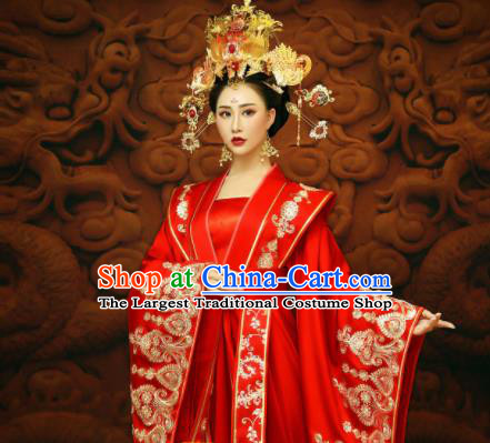 Chinese Ancient Royal Princess Red Hanfu Dress Traditional Tang Dynasty Imperial Consort Wedding Costumes and Headpiece for Women