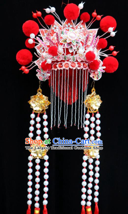 Chinese Beijing Opera Princess Red Phoenix Coronet Traditional Peking Opera Bride Hat Hair Accessories for Women