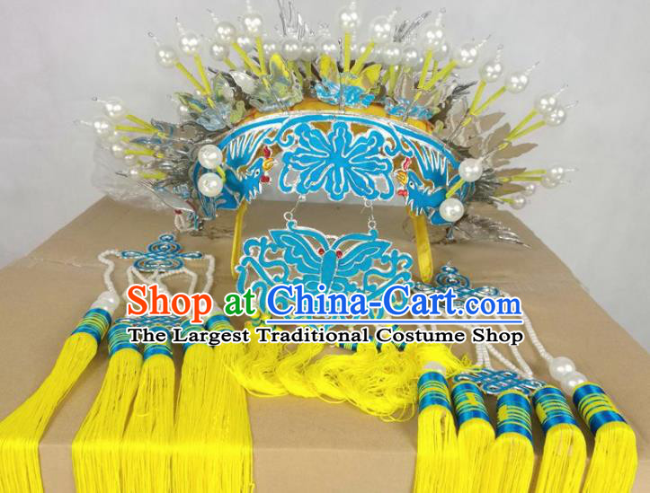 Chinese Beijing Opera Imperial Consort Yellow Phoenix Coronet Traditional Peking Opera Bride Hat Hair Accessories for Women