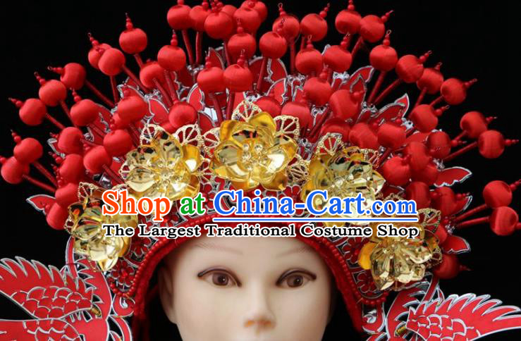 Chinese Beijing Opera Red Phoenix Coronet Traditional Peking Opera Bride Hat Hair Accessories for Women