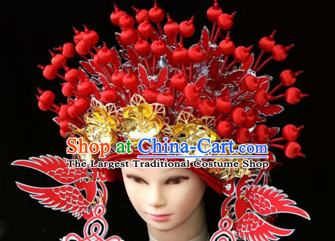 Chinese Beijing Opera Red Phoenix Coronet Traditional Peking Opera Bride Hat Hair Accessories for Women