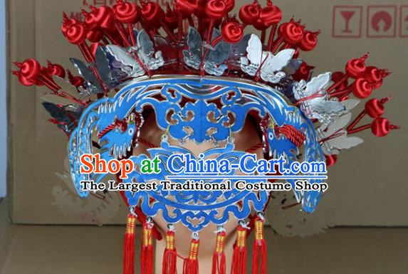 Chinese Beijing Opera Queen Blue Butterfly Phoenix Coronet Traditional Peking Opera Bride Hat Hair Accessories for Women