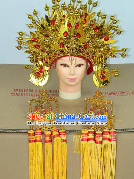 Chinese Beijing Opera Queen Red Crystal Phoenix Coronet Traditional Peking Opera Bride Hat Hair Accessories for Women