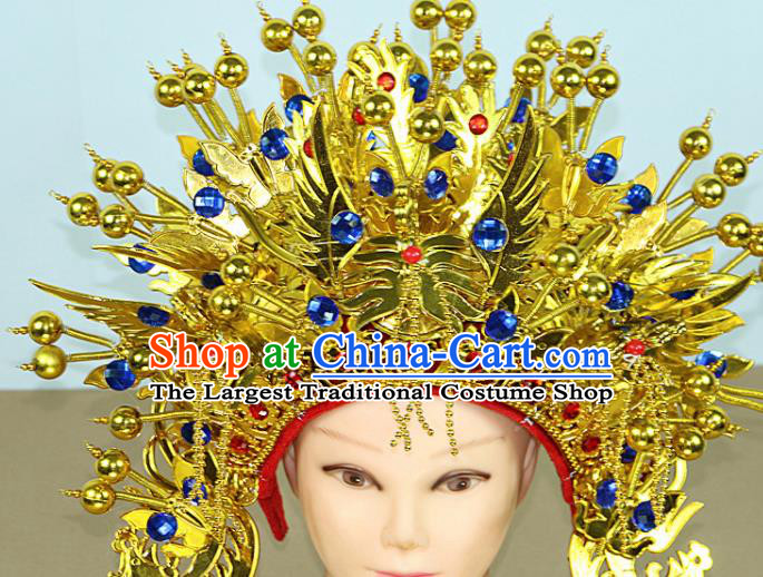 Chinese Beijing Opera Queen Blue Crystal Phoenix Coronet Traditional Peking Opera Bride Hat Hair Accessories for Women