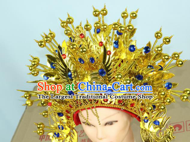 Chinese Beijing Opera Queen Blue Crystal Phoenix Coronet Traditional Peking Opera Bride Hat Hair Accessories for Women