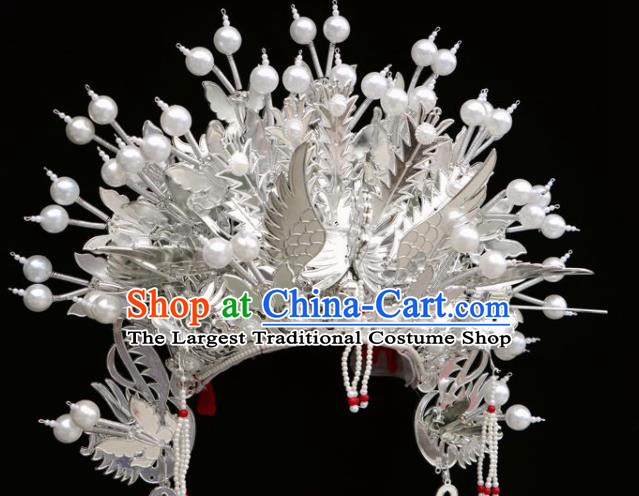 Chinese Beijing Opera White Tassel Phoenix Coronet Traditional Peking Opera Bride Hat Hair Accessories for Women