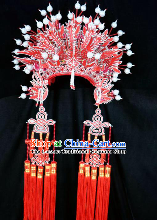 Chinese Beijing Opera Red Tassel Phoenix Coronet Traditional Peking Opera Bride Hat Hair Accessories for Women