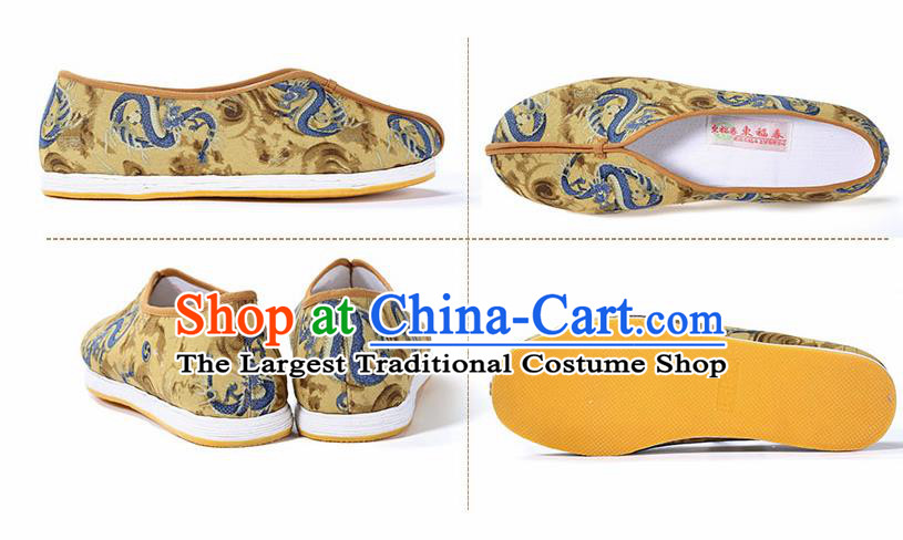 Chinese Traditional Handmade Embroidered Dragon Yellow Cloth Shoes National Multi Layered Cloth Shoes for Men