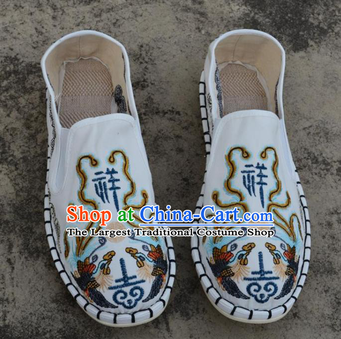 Traditional Chinese Embroidered Phoenix White Shoes Handmade Flax Shoes National Multi Layered Cloth Shoes for Men