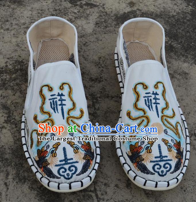 Traditional Chinese Embroidered Phoenix White Shoes Handmade Flax Shoes National Multi Layered Cloth Shoes for Men