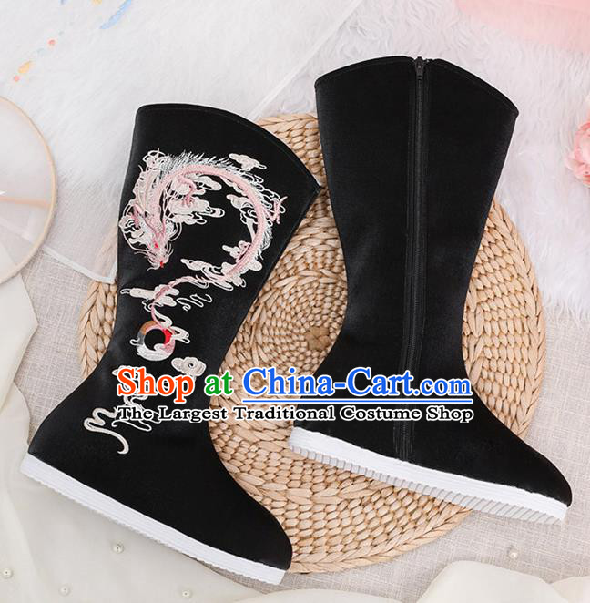 Traditional Chinese Embroidered Dragon Black Boots Handmade Cloth Shoes National Cloth Shoes for Women