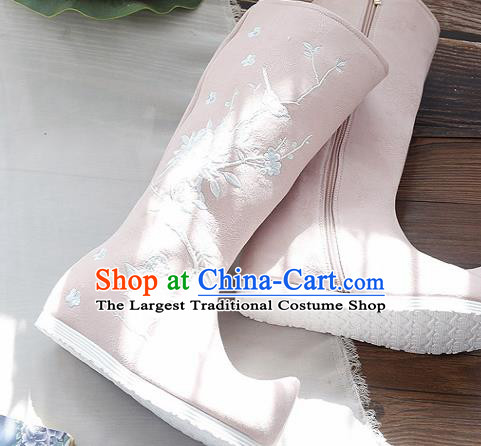 Traditional Chinese Embroidered Peony Pink Boots Handmade Cloth Shoes National Cloth Shoes for Women
