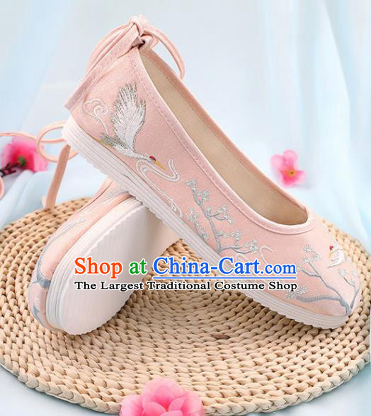 Traditional Chinese Embroidered Crane Pine Pink Shoes Handmade Cloth Shoes National Cloth Shoes for Women