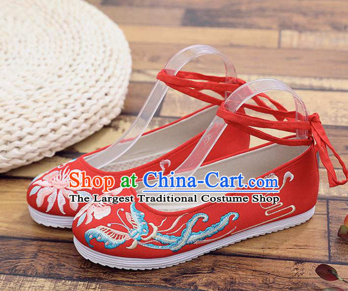 Traditional Chinese Embroidered Peony Butterfly Red Shoes Handmade Cloth Shoes National Cloth Shoes for Women
