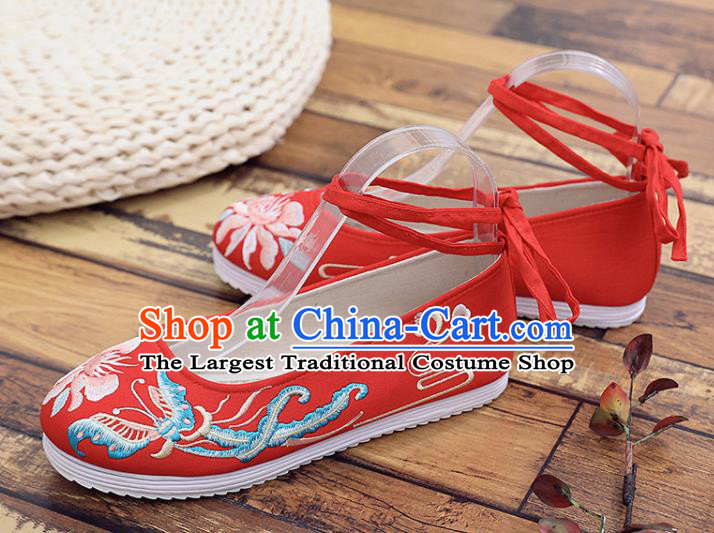Traditional Chinese Embroidered Peony Butterfly Red Shoes Handmade Cloth Shoes National Cloth Shoes for Women