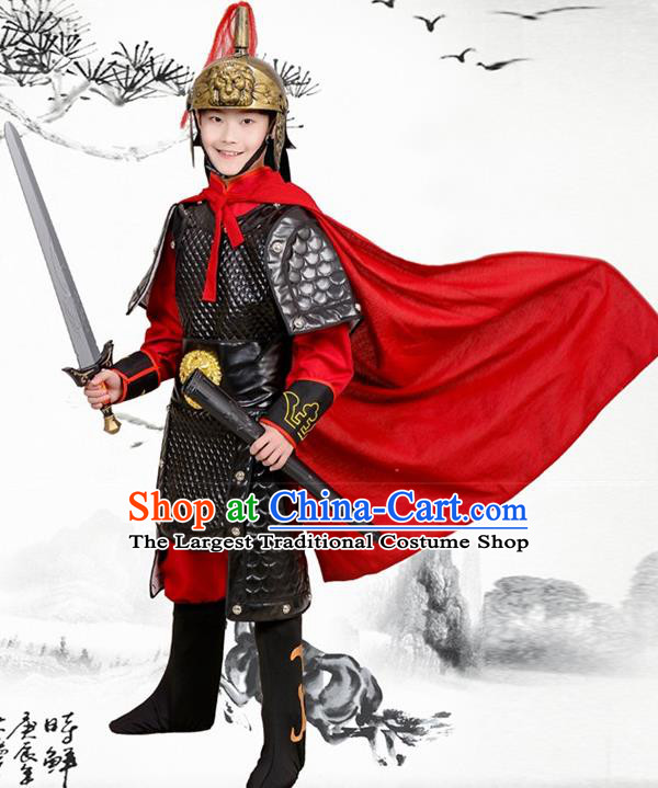 Chinese Ancient General Black Helmet and Armour Traditional Han Dynasty Swordsman Costume for Kids