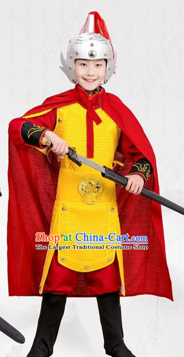 Chinese Ancient General Yellow Helmet and Armour Traditional Han Dynasty Swordsman Costume for Kids