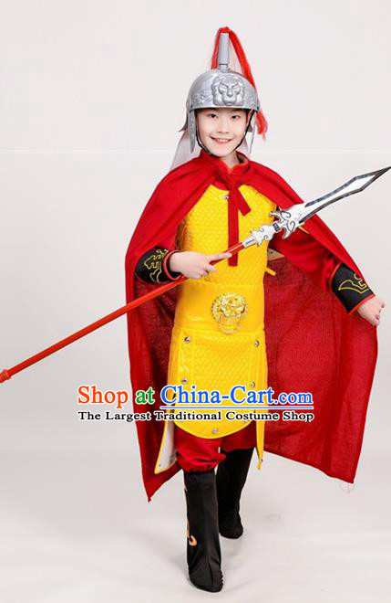 Chinese Ancient General Yellow Helmet and Armour Traditional Han Dynasty Swordsman Costume for Kids