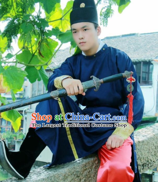 Chinese Ancient Swordsman Blue Clothing Traditional Ming Dynasty Imperial Bodyguard Costume for Men