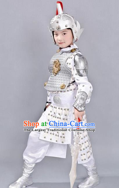 Chinese Ancient Traditional Han Dynasty General Costume White Helmet and Armour for Kids