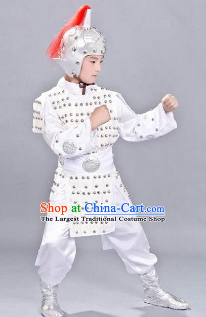 Chinese Ancient Traditional Han Dynasty General Costume White Helmet and Armour for Kids