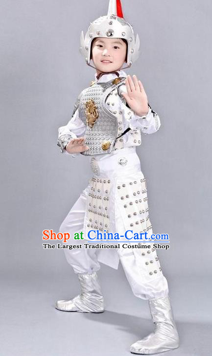 Chinese Ancient Traditional Han Dynasty General Costume White Helmet and Armour for Kids