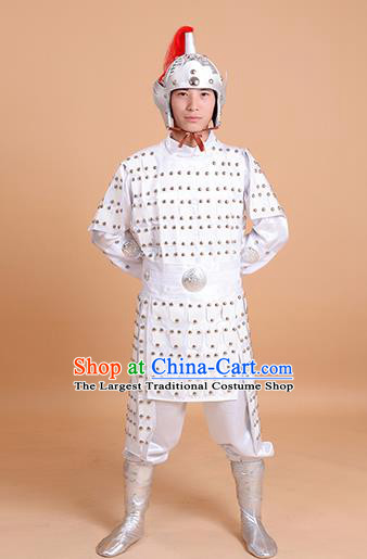 Chinese Ancient Traditional Tang Dynasty General Costume White Helmet and Armour for Men