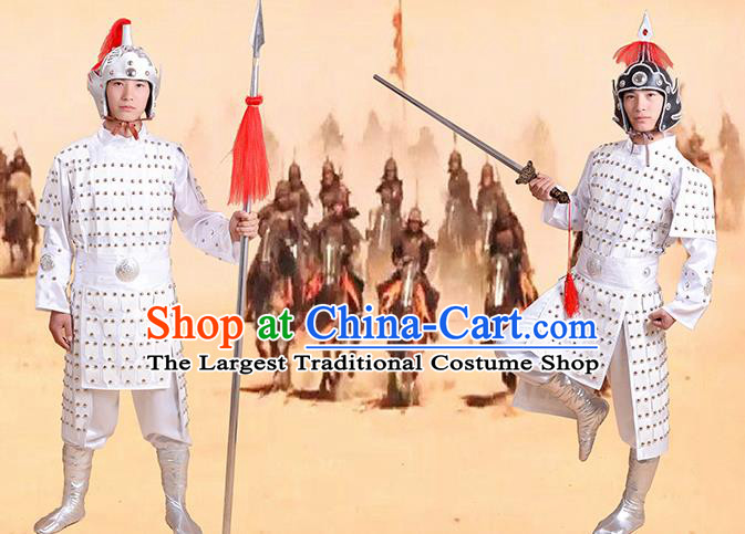 Chinese Ancient Traditional Tang Dynasty General Costume White Helmet and Armour for Men