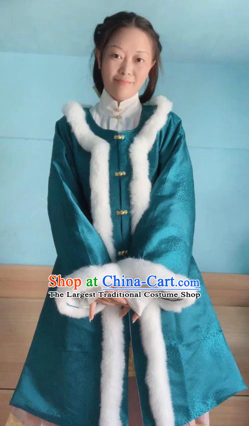 Chinese Ancient Nobility Lady Winter Blue Long Coat Traditional Ming Dynasty Princess Costume for Women