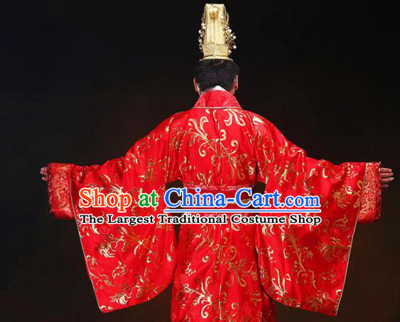 Chinese Ancient Bridegroom Red Hanfu Clothing Traditional Han Dynasty Royal Prince Wedding Costumes and Headpiece for Men