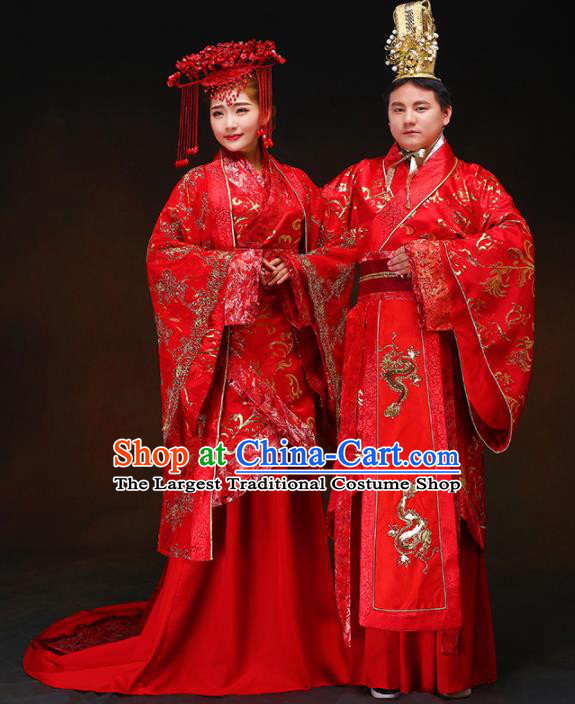 Chinese Ancient Bridegroom Red Hanfu Clothing Traditional Han Dynasty Royal Prince Wedding Costumes and Headpiece for Men