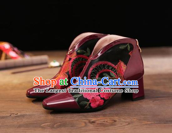 Traditional Chinese Embroidered Flowers Wine Red Leather Shoes National High Heel Shoes for Women