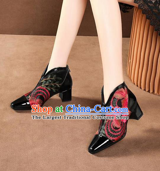 Traditional Chinese Embroidered Flowers Black Leather Shoes National High Heel Shoes for Women