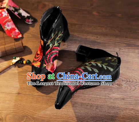 Traditional Chinese Embroidered Flowers Black Leather Shoes National High Heel Shoes for Women