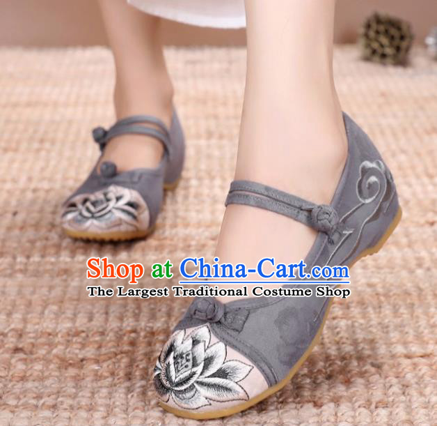 Traditional Chinese Handmade Embroidered Lotus Grey Shoes National Cloth Shoes for Women