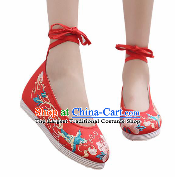 Traditional Chinese Handmade Embroidered Flower Bird Red Shoes Hanfu Shoes National Cloth Shoes for Women