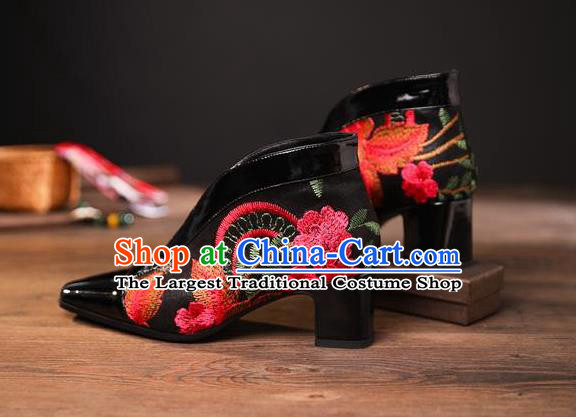 Traditional Chinese Embroidered Black Leather Shoes National High Heel Shoes for Women